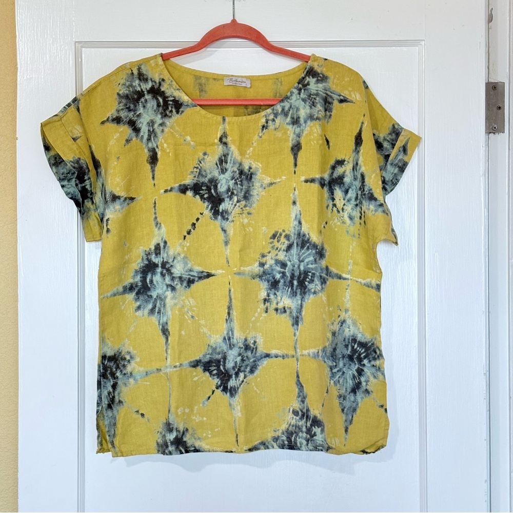 Bellambra Women Linen Top Yellow Tie-Dye Tunic Size L Summer